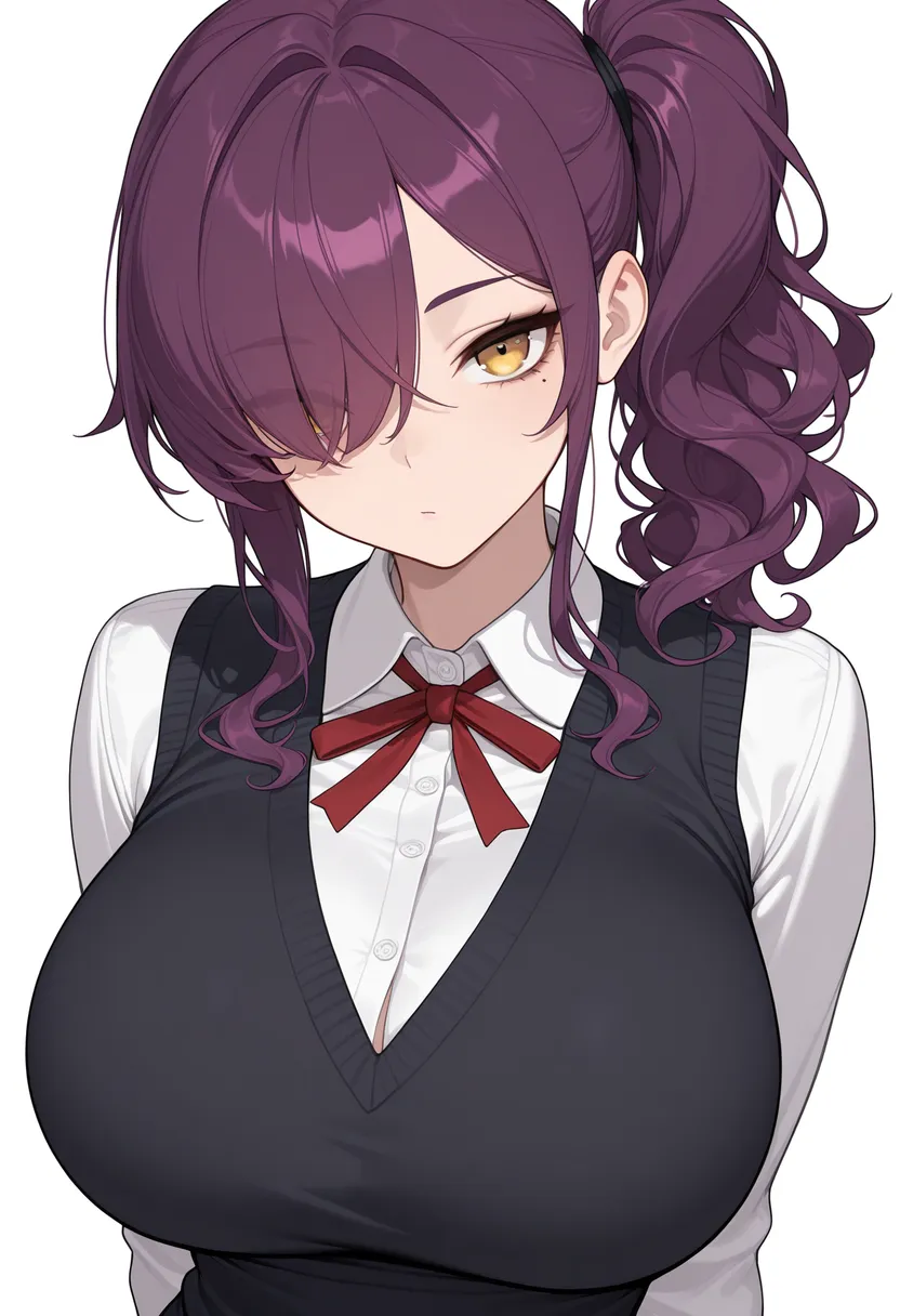 制服姿の女の子 ｜ 紫髪 | サイドポニー | 片目隠し | ベスト(長袖) ｜ Illustrious-XL 再現タグ・プロンプト 生成例