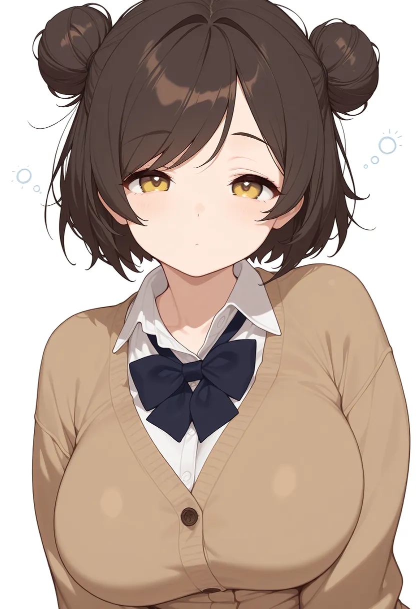 制服姿の女の子 ｜ 茶髪 | お団子ショート | ぽっちゃり | セーター ｜ Illustrious-XL 再現タグ・プロンプト 生成例