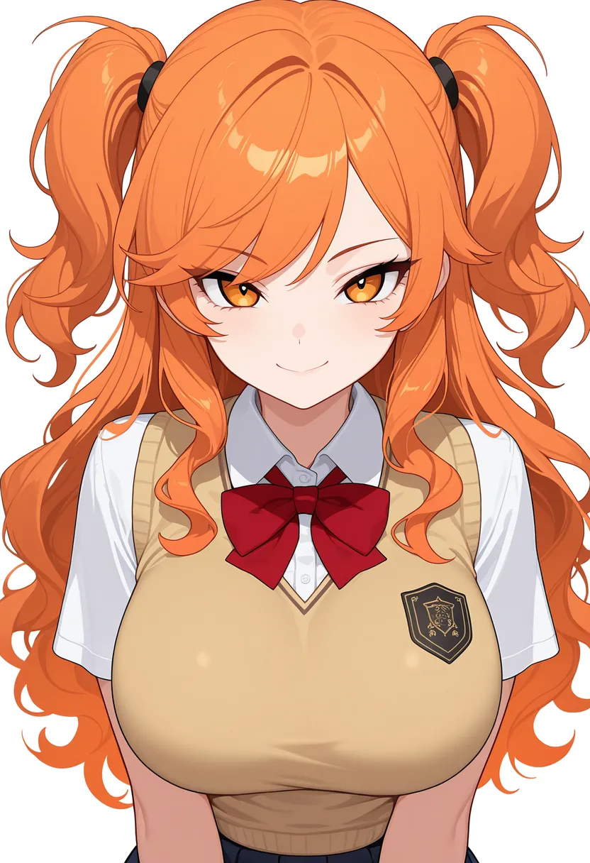 制服姿の女の子 ｜ オレンジ髪 | ツーサイドアップ | 豊満 | ベスト(半袖) ｜ Illustrious-XL 再現タグ・プロンプト 生成例