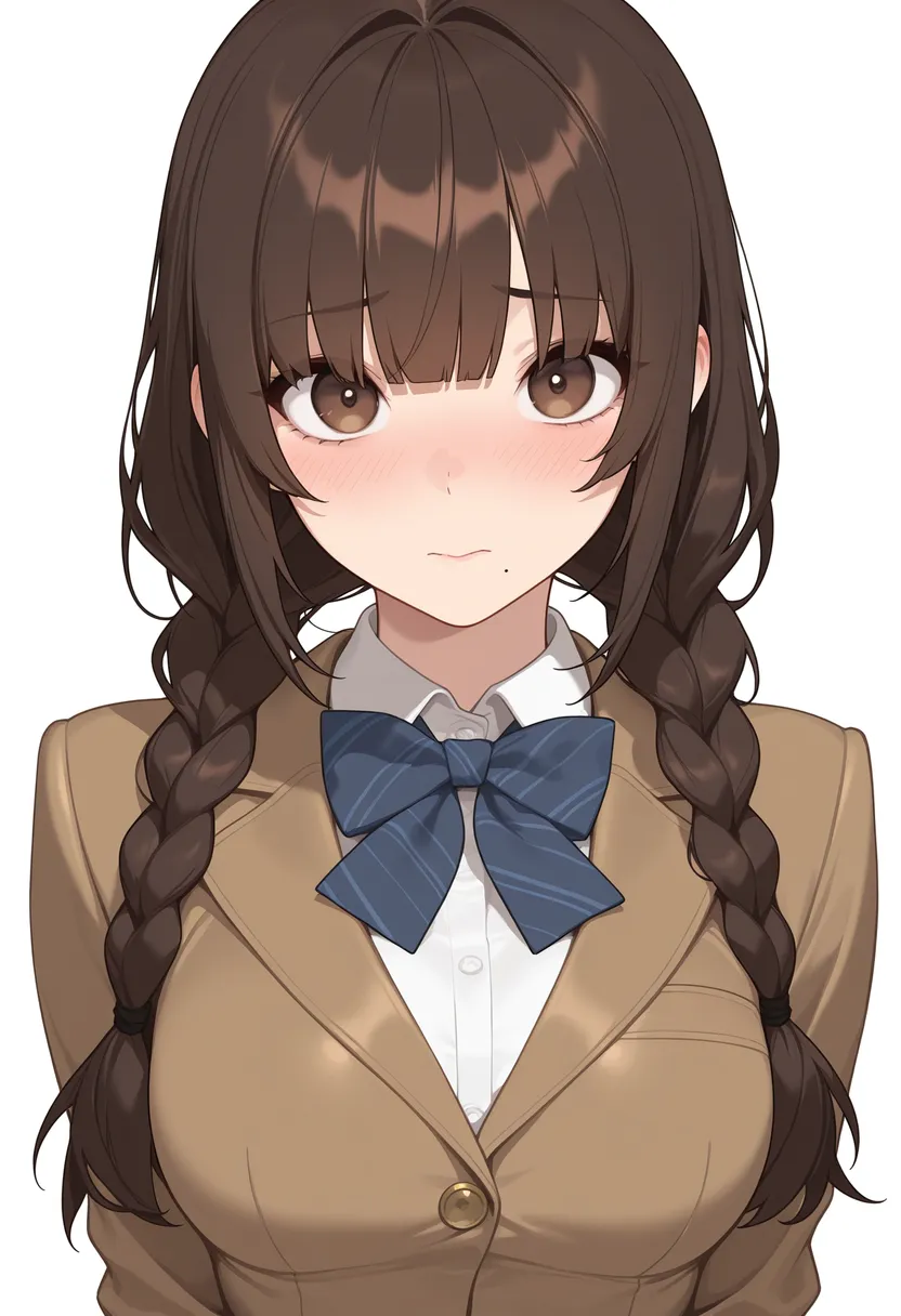 制服姿の女の子 ｜ 茶髪 | 三つ編み | 口元ぼくろ | ブレザー(冬) ｜ Illustrious-XL 再現タグ・プロンプト 生成例