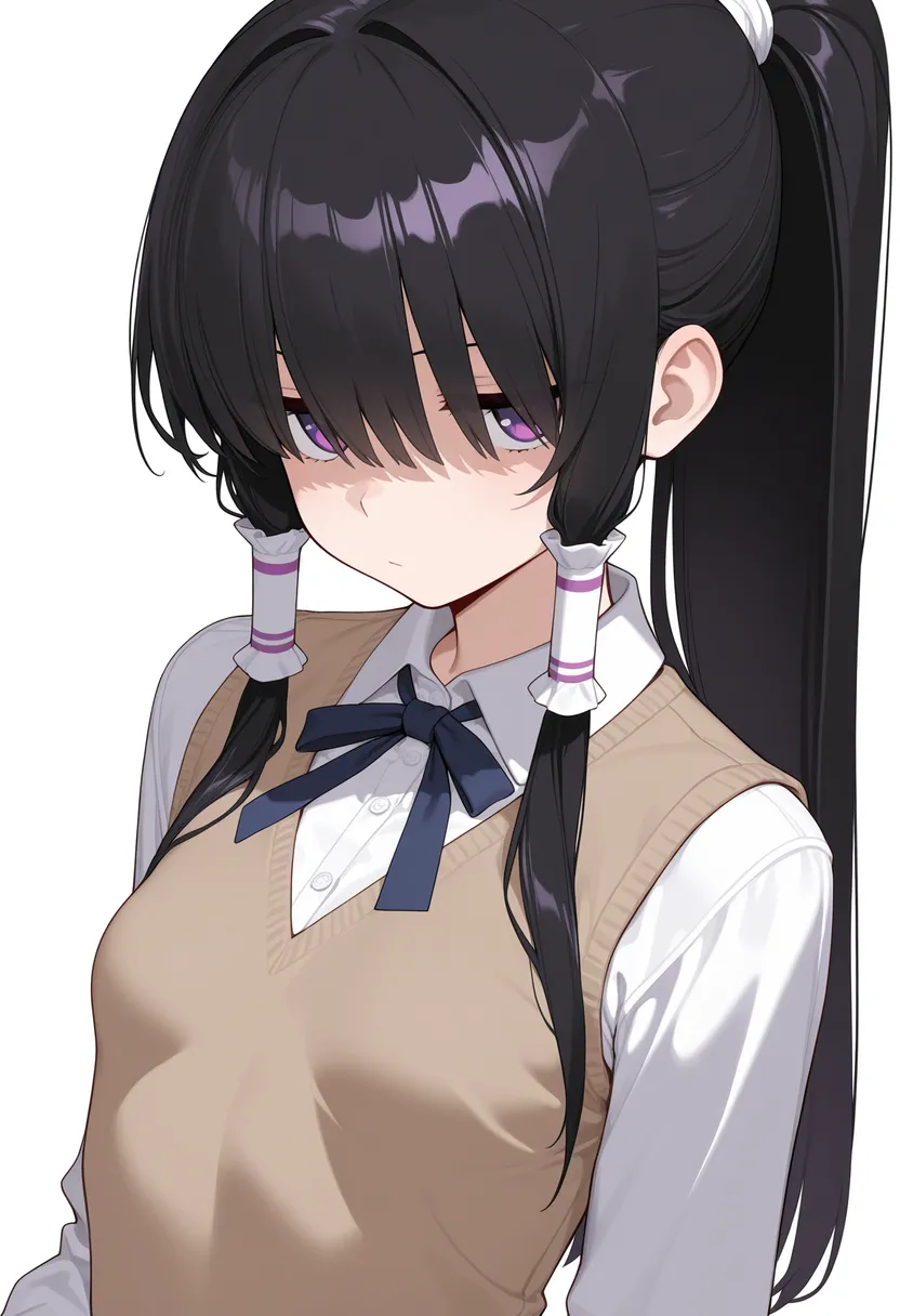 制服姿の女の子 ｜ 黒髪 | ポニーテール | 両目隠し | ベスト(長袖) ｜ Illustrious-XL 再現タグ・プロンプト 生成例