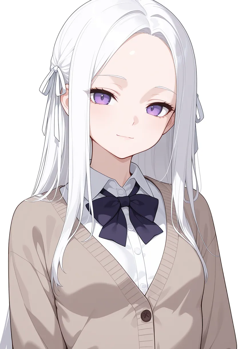 制服姿の女の子 ｜ 白髮 | デコ | スレンダー | カーディガン ｜ Illustrious-XL 再現タグ・プロンプト 生成例
