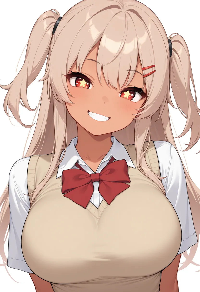 制服姿の女の子 ｜ 茶髪 | ツーサイドアップ | 褐色 | ベスト(半袖) ｜ Illustrious-XL 再現タグ・プロンプト 生成例