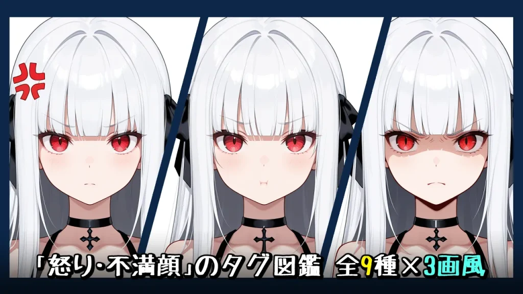 【表情】怒り・不満顔の画像生成プロンプト｜全9種をタグ比較【Illustrious-XL】